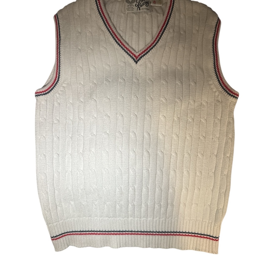 White and Red Cable Knit V-Neck Vest